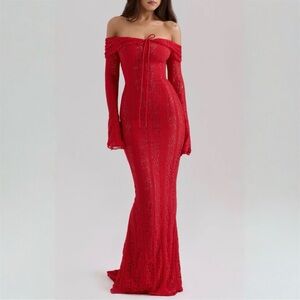 House of CB Belle Red Off-Shoulder Long Sleeve Dress